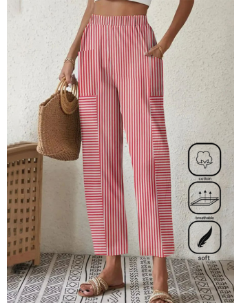 Cotton Pocket Stitching Striped Casual Pants