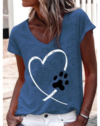 Women's Heart Dog Paw Print Casual V Neck T-Shirt