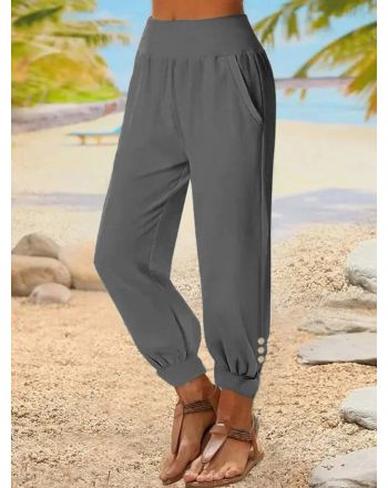 Cotton Casual Loose Plain High Waist Ankle Harem Pants With Pockets