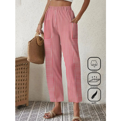 Cotton Pocket Stitching Striped Casual Pants