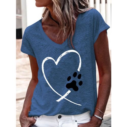 Women's Heart Dog Paw Print Casual V Neck T-Shirt